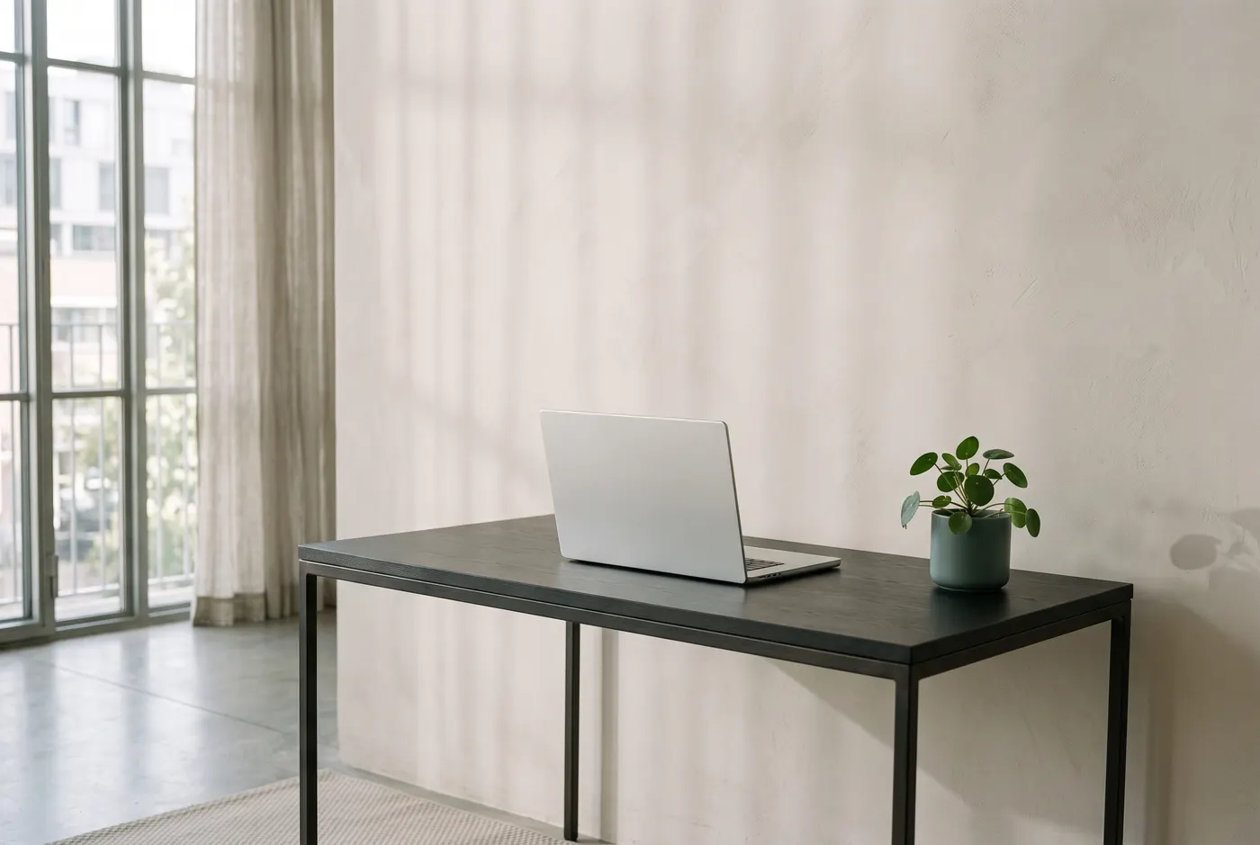 Minimalistická kancelária s notebookom pri okne